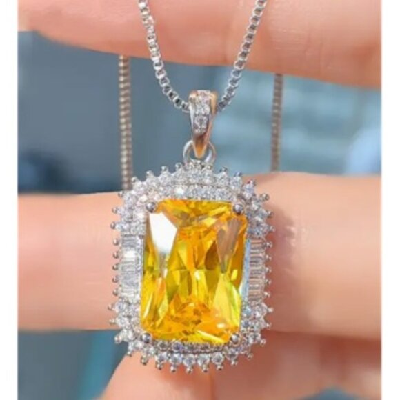 Elegant Rectangle Yellow & White Cubic Zirconia Pendant Statement Necklace - Picture 2 of 5